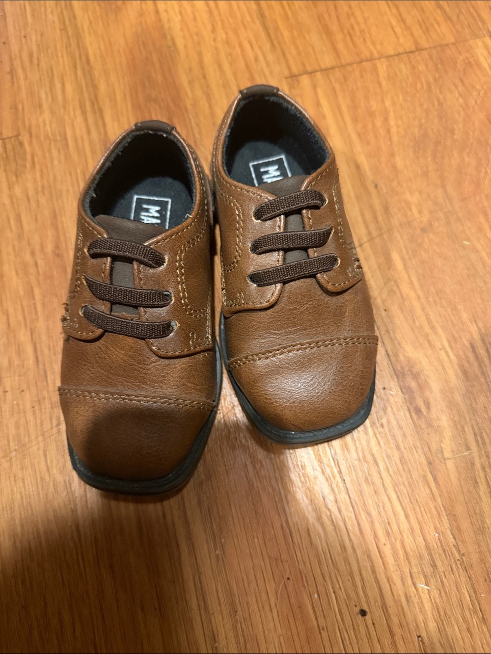 Little Gentlemen Brown Faux Leather Dress Shoes with Elastic Laces